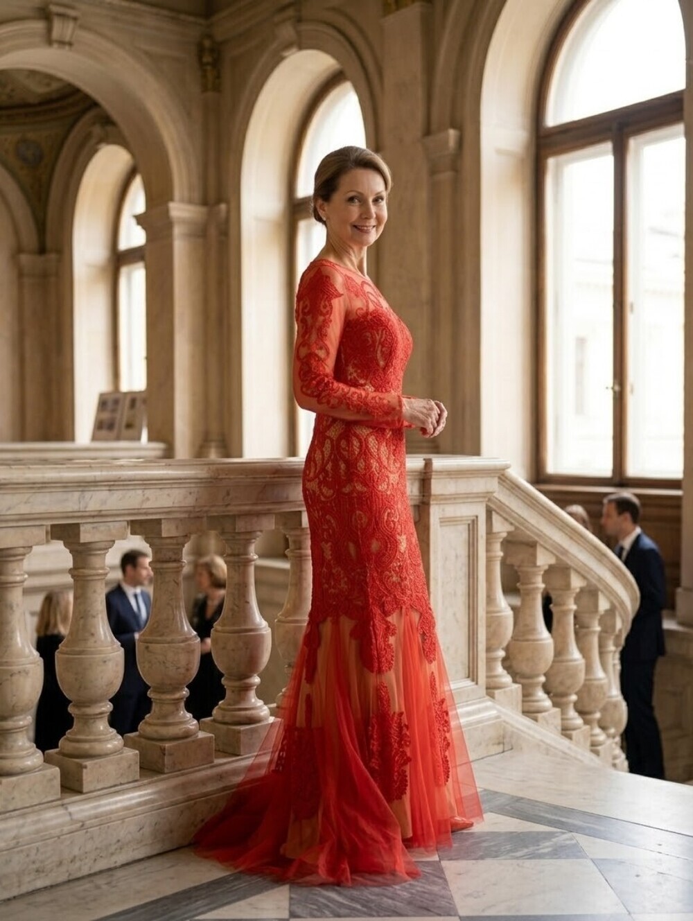 Red Lace Long-Sleeve Evening Gown by Serendipity